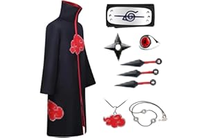 ATOWORLD Déguisement Akatsuki Cosplay Itachi Costume Adulte Enfant Tenue Akatsuki Robe Cape Deguisement Itachi Uchiha Cosplay de 8PCS Accessoires Bague Collier Noel Hallowwen Homme Femme Deguisement Animal