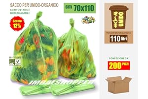 IMBALSHOPPER Sacchi per Raccolta del Rifiuto Umido-Organico cm 70x110 (110 litri) Scatola da N.° 200 pezzi - Biodegradabili Compostabili