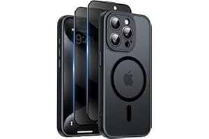 Qasyfanc Magnetisch Transluzente Handyhülle Kompatibel mit iPhone 15 Pro Hülle Kompatibel mit Mag Safe mit 2 Stück Sichtschutz Schutzfolie, Hard PC Kratzfest Stoßfest Matt Schutzhülle - Schwarz