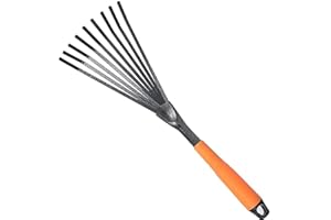 AZU Nine-teeth Small Garden Rake 16 Inch Steel Hand Fan Leaf Rake with Comfort Grip & Rust Resistant - Professional Gardening Tool (16in/400mm, Orange)