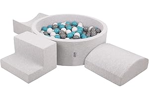 KiddyMoon Spielplatz Aus Schaumstoff Mit Rund Bällebad (200 Bälle) Hindernisläufen, Hellgrau:Grau/Weiß/Türkis