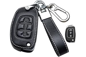 HIBEYO Étui de clé de Voiture Rabattable en Cuir de Vachette pour Hyundai i20 i30 iX20 iX35 Elantra i40 Tucson Santafe avec Trousseau de clés 3 Boutons Noir C
