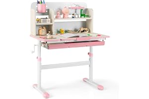 COSTWAY Barnskrivbord, höjdjusterbar, skrivbord barn med lutande bordsskiva, hyllor och lådor, ungdomsskrivbord, skolskrivbor