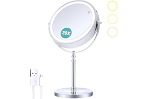B Beauty Planet Miroir grossissant avec lumière, 20cm Rechargeable 1X/20x, Miroir grossissant Double Face, Miroir de courtoisie LED à intensité Variable avec 3 Modes d'éclairage de Couleur
