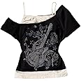 Emo Grunge Shirts Women 2000s Graphic Baby Tees Fake Two Piece Short Sleeve Vintage Y2k Crop Top Goth Alt Clothes