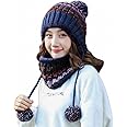 Women Knitted Hat Scarf Set Winter Warm Thicken Crochet Bobble Pom Pom Beanie Hat Cap Outdoor Ski Snowboard Cycle Bobble Hemming Hats with Fleece Lining