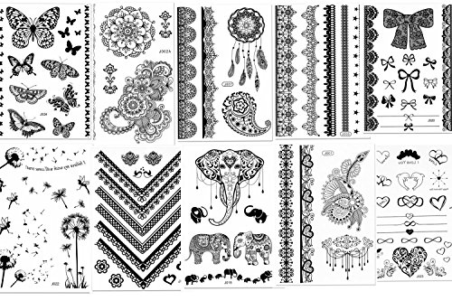 CLOTHOBEAUTY Henna & Lace temporary body tattoos, 10 sheets- Black, 80+ designs