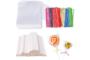 LUKIUP Cake Pop Sticks, 100 Pièces Bâtons de Sucettes 7,5cm, Bâtonnets en Papier pour Gâteaux, 100 Petite Cellophane Pop Cake et 100 Noeuds Papillon, Bâtonnets à Cake Pops Blanc