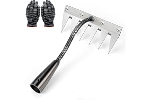 HYUNLAI Rateau Jardin, Râteau De Désherbage avec des Gants, Rateau De Jardin en Acier Au Carbone, 5/6/7/8 Teeth Outils De Râteau à Main, Outil Jardinage pour Désherbage Ameublissement du Sol Semis (6 Dents)
