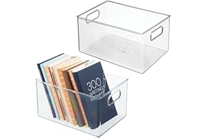 mDesign Set da 2 box in plastica, ideali per cucina, ufficio e bagno – Ampio contenitore trasparente con manici integrati – Portaoggetti da scrivania impilabile in robusta plastica – trasparente