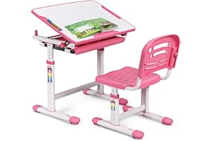 COSTWAY Escritorio para Niños con Silla Mesa de Lectura para Infantil con Cajón Ángulo y Altura Ajustable (Color Rosa)