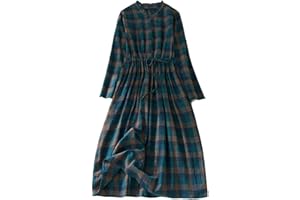 Zeiayuas Vintage Plaid Dresses for Women UK Cotton Linen Maxi Dresses Button V Neck Long Sleeve Dress Pleated Boho Beach Holiday Dresses Summer Casual Tunic Dress Elastic Waist Tie Checked Long Dress
