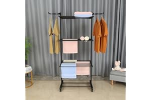 Cunsieun Stendibiancheria per Interni,Stendibiancheria Mobile,Stendibiancheria Pieghevole a Quattro Strati, Spazio di Asciugatura Extra Large, con Ali Pieghevoli, Ruote Girevoli a 360° (Nero Opaco)