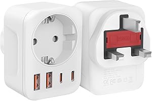 CLOMNPE 2 Piezas Adaptador Enchufe UK, 5 en 1 Adaptador Enchufe Europeo a UK con 2USB+2USB C, Adaptador Enchufe Españo a Ingles, Adaptador Enchufe Universal Tipo G para Irlanda/Escocia/Maldivas/Dubai/Qatar