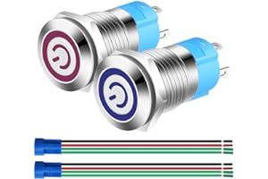 Gebildet 2Piezas 12mm Interruptor de Botón de Bloqueo Acero Inoxidable Impermeable Plana Top, Normalmente Abierto SPST ON/Off 12V-24V 3A Pulsador con Enchufe de Cable(Azul+Rojo)