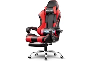 LUCKRACER Gaming Chair Massage With Footrest Ergonomic Computer Chairs High Back Support Height Adjustable Reclining Heavy Duty PC Chair (Faux Leather, Red)