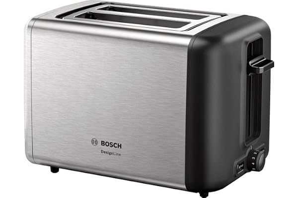 Bosch TAT3P420DE DesignLine Grille-pain compact, fonction décongélation/réchauffage, grille réchauffe-viennoiseries escamotable, arrêt automatique, 970 W, acier inoxydable/noir