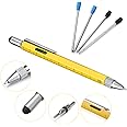 JESSTOLO 6 in 1 Multi Tool Pen, Tech Tool Pen with Ballpoint Pen, Touchscreen Stylus Pen, Ruler, Spirit Level, Flat-Head and Phillips Screwdriver Multifunction Tool with 4 Pen Refills for Men, Yellow
