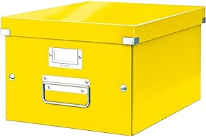 ‎LEITZ Leitz Click & Store Aufbewahrungsbox mit Deckel Mittel-Groß, Box für Unterlagen bis A4 im Büro u. Haushalt, Transportbox aus 85 % recycelter Premium-Hartpappe, Stabile Metallgriffe, Gelb, 60440016