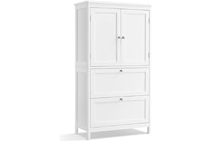 VASAGLE Armoire de Salle de Bain, Meuble de Rangement, Placard de Cuisine avec 2 Portes, 2 Tiroirs, Étagères Réglables, 30 x 60 x 110 cm, Blanc BBC551P31