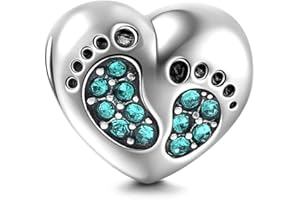 YIRONG JEWELRY Abalorio de plata de ley 925 con forma de corazón y pie de bebé, dije de cumpleaños, piedra de nacimiento, dije de corazón para pulsera Pandora
