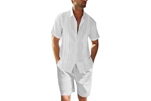 RUNCATI Conjunto de 2 piezas de lino para hombre, corte regular, con botones, camisa de playa y pantalones cortos, ropa de verano de manga