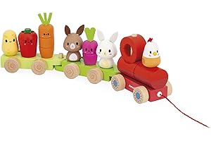 Janod - Train en Bois à Tirer - Thème Ferme - 3 Wagons et 19 Pièces - Jouet d'éveil à Tirer - Bois FSC et Peinture à l'eau - Développer la Motricité Fine - Dès 12 Mois, J03314