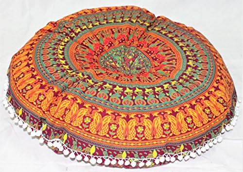 32" Mandala Barmeri Large Floor Pillow Cover Cushion Meditation Seating Ottoman Throw Cover Hippie Decorative Zipped Bohemian Pouf (Orange) By Monika Enterprises (MOGI)