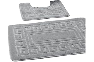 EDS Luxury 2 Piece Greek Bath Mat Set Non Slip Ultra Soft Bathroom Mats Water Absorbent Bath Mats Machine Washable Rug Toilet Mat for Bathroom Floor (Silver)