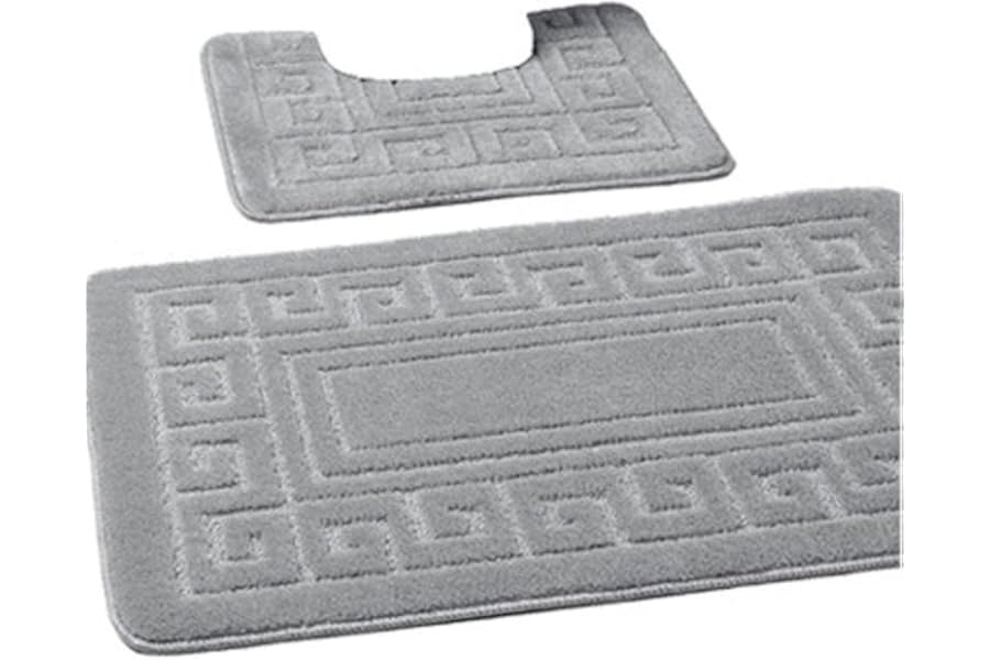 EDS Luxury 2 Piece Greek Bath Mat Set Non Slip Ultra Soft Bathroom Mats Water Absorbent Bath Mats Machine Washable Rug Toilet Mat for Bathroom Floor (Silver)