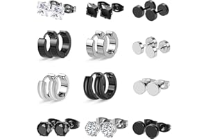 SternSinn 12 Paia Orecchini Uomo, in Acciaio Inossidabile, Piccoli Orecchini a Cerchio zircone Classico Gioielli Piercing All'orecch, Argento+Nero