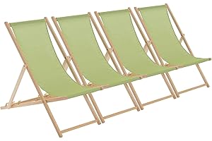Harbour Housewares Folding Wooden Deck Chairs – Lime Green – Pack of 4 – Adults Traditional Foldable Reclining Outdoor Canvas Sun Lounger Chair Seat for Garden Patio, Beach, Camping