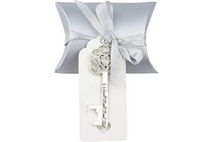 Makhry 50 pz Vintage Chiave Apribottiglie Matrimonio Chiave Apribottiglie Matrimonio Bomboniere Souvenirs Set con Etichetta di Ringraziamento e Nastro Francese(Argento Antico)