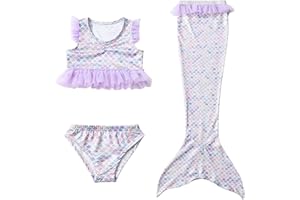 TOYOSPORT Girls Swimsuits Mermaid Tails: 3PCS Decorative Printed Breathable Bikini Bathing Suit Beach Swimwear for Kids Ruffle