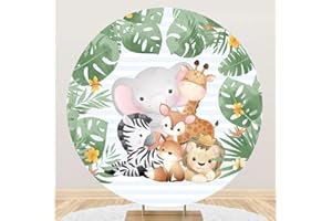 Aoihrraan 200cm Diámetro Animal Ronda Fondo de fotografía Bebé León Zorro Safari Hojas Tropicales Selva Rayas Foto Fondo por Baby Shower Niño Cumpleaños Mesa Golpe de Pastel Fiesta Atrezzo