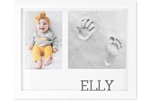 Navaris Cornice Foto e Impronte Neonato - Kit Calco in Argilla per Impronta Mani Piedi Bambino - Portafoto Neonati Legno - X37 Lettere Nome - Bianco