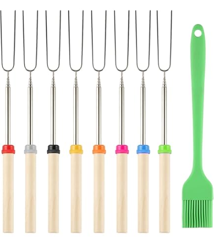 AROMUJOY 12 Forchette Telescopiche Da Barbecue In Acciaio Inox Con Manico In Legno - Estendibili Da 32 A 82 Cm + 100 Spiedini In Bambù - Kit Falò E Campeggio, 12 Colori