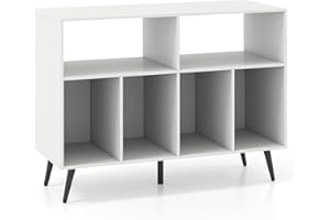 GIANTEX Soporte para Tocadiscos con 6 Compartimentos Abiertos, Estantería para Discos de Vinilo con 5 Patas de Apoyo, 100 x 40 x 74,5 cm, Mueble de Almacenamiento para Salón, Dormitorio (Blanco)