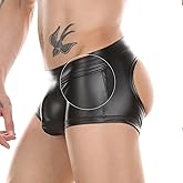 PU Leather Boxer Shorts Erotic Shorts Wetlook Men Open Retro Shorts Large Sizes Hollow Out Underwear with Bulge Pouch Sissy G