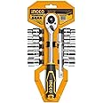 Ingco12Pcs 1/2? Socket Set HKTS12122 (10pcs socket, 1pcs 1/2"" 45T quick release ratchet handle & 1pcs 5"" Extension bar), C Shaped end and Hex end