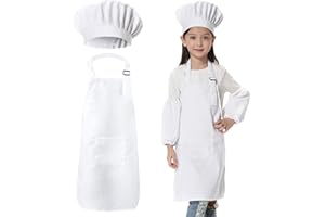 COKINKIDS Kids Chef Outfit Apron Set Chef Hat Sleeves Aprons for Kids - Boys Girls Adjustable Kid Chef Costume Kitchen Cooking and Baking Wear (4-15 Years Old, White)