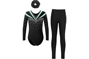 Fldy Kinder Mädchen Gymnastikanzug Langarm Mit Hose Lang Glitzer Turn Trikot Leggings Haargummi 3er Tanzkleidung Set