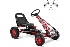 GOPLUS Gokart ab 3 Jahre, Go Kart mit verstellbarem Sitz, Vor- und Rückwärtsgang, Tretauto mit Gummi Räder, Flexible Kupplung und Handbremse, Kinderfahrzeug für Kinder 3-8 Jahren (Rot)