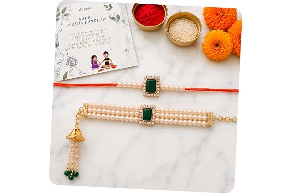 I Jewels Kundan & Pearl Bhaiya Bhabhi Lumba Rakhi Bracelet Combo Set With Roli Chawal & Rakshabandhan Card (R010-CO)