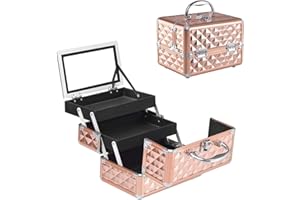 GIANTEX Kosmetyczka z lustrem, kuferek na kosmetyki z tworzywa ABS i aluminium, 2 wysuwane półki, rozkładana i przenośna walizka piętrowa, walizka fryzjerska, różowy (Rosegold), M, Nowoczesny styl