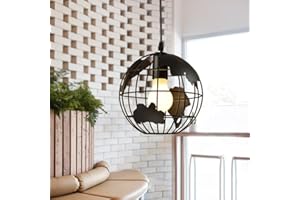 Mengjay Rétro Suspension au Éclairage plafond Métal Retro Suspensions Luminaires 60W E27 Lustre 1 Lumières Lustre à lampadaire Forme de la Terre Noir Salon Chambre Grenier Hôtel (Diamètre 20cm)