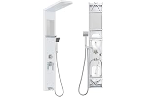 NAIZY Panel de ducha con grifo, sistema de ducha 5 en 1 con estante integrado, juego de ducha multifuncional, incluye ducha de mano, ducha de masaje, ducha de cascada, grifo de ducha de lluvia, juego