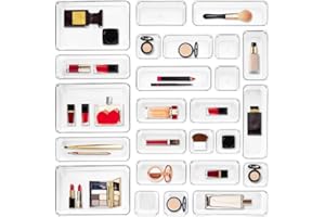 Ravinte 25 sztuk pojemników do przechowywania szuflad, 4 rozmiary, przezroczyste pojemniki do przechowywania z antypoślizgowymi podkładkami, uniwersalna półka na biurko do makijażu, biżuterii, kuchni,