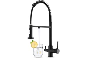 KEOKBON 3 Way Tap with Pull Out Sprayer(2 Mode) for Kitchen Sink, Drinking Water Tap, 3 in 1 Sink Tap with Dual Handle, Spring Triflow Kitchen Faucet with Water Filter Mixer Black UK Standard