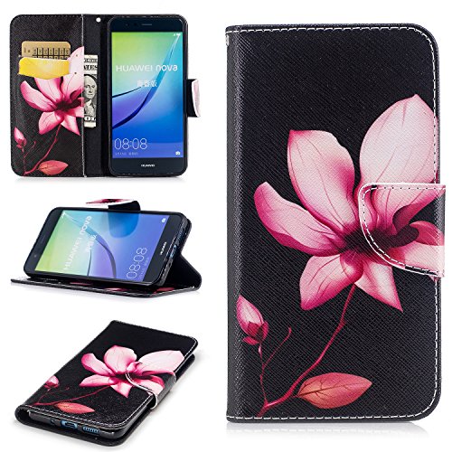 Huawei P10 Lite Case,Huawei P10 Lite Case Leather ,Huawei P10 Lite Case Wallet -COZY HUT Colorful Painting PU Leather Notebook Design Flip Cover Folio Inlaid Inner Soft TPU Case with [Card Slot] [Built Stand] [Magnetic Closure][Wallet Function] Protective Skin Durable Case for Huawei P10 Lite Model - Lotus